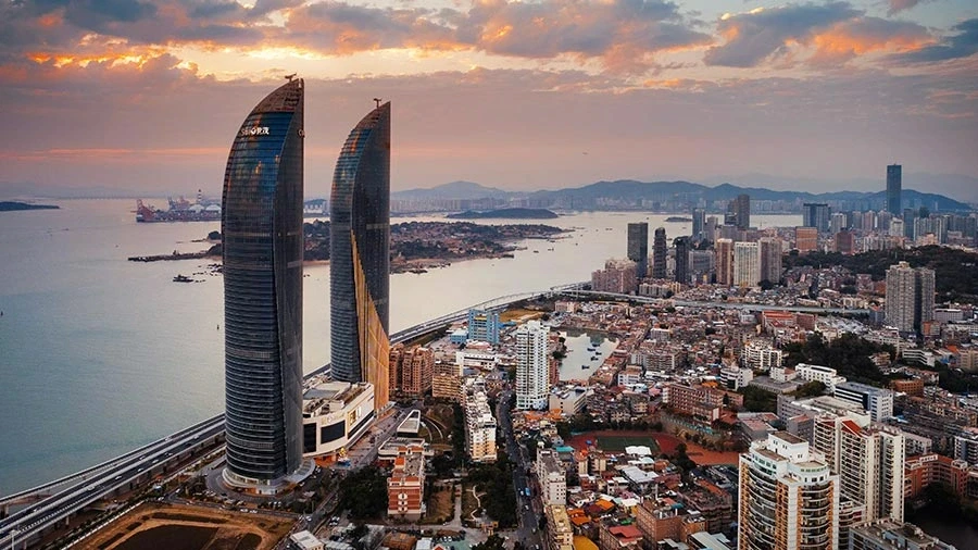 Xiamen coastal skyline aerial view