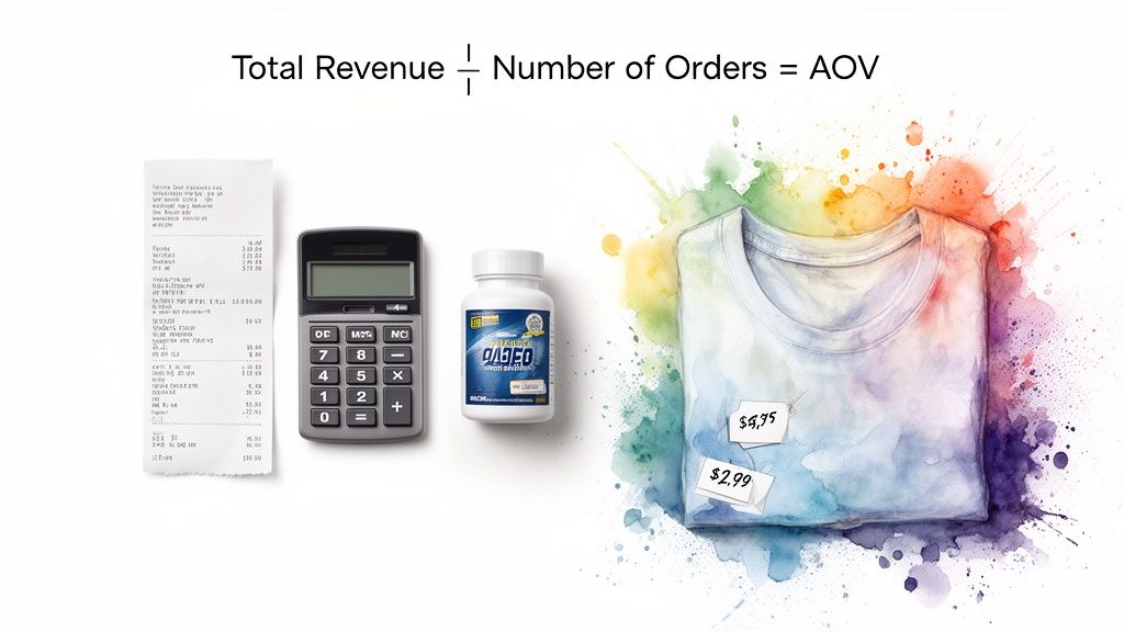A visual explanation of Average Order Value (AOV) with a receipt, calculator, product, and t-shirt.