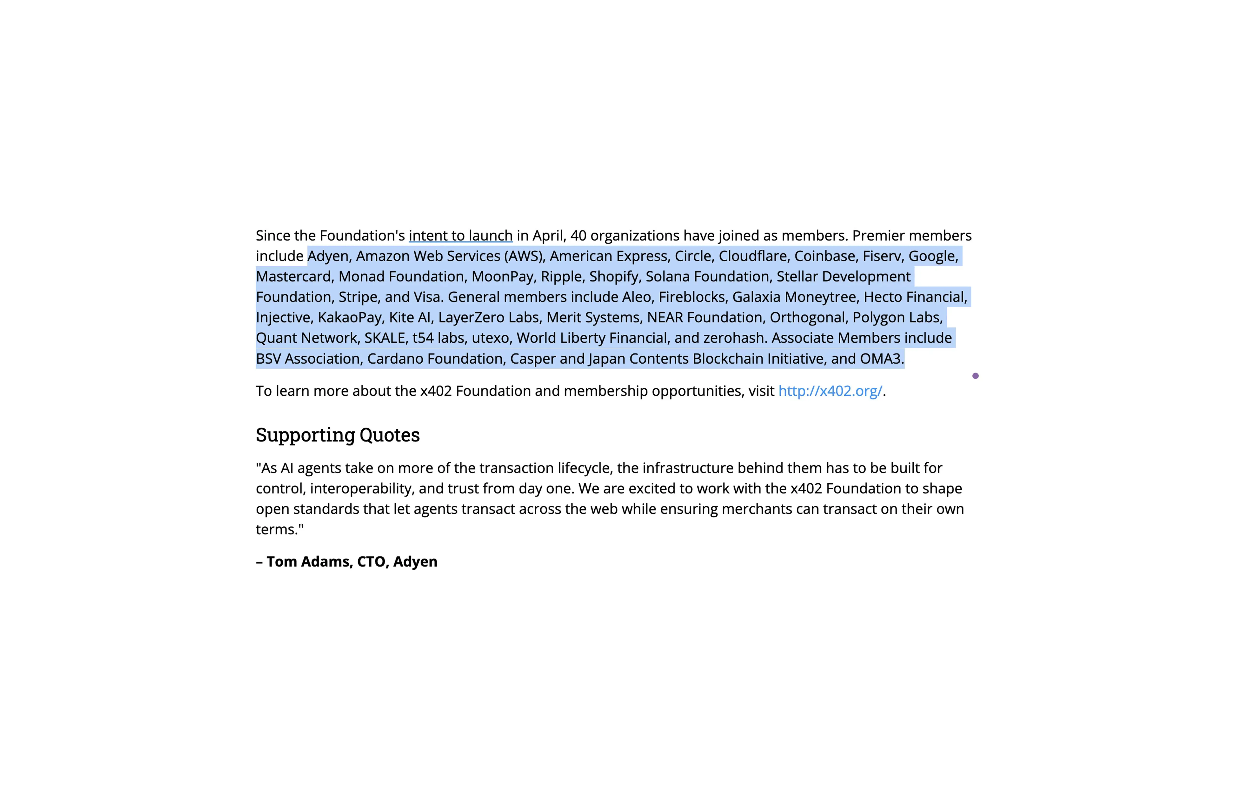 Screenshot from the Linux Foundation press release listing x402 Foundation members — including Adyen, AWS, American Express, Circle, Cloudflare, Coinbase, Google, Mastercard, Ripple, Stripe, and Visa — with a supporting quote from Tom Adams, CTO of Adyen, on building open standards for AI agent transactions.