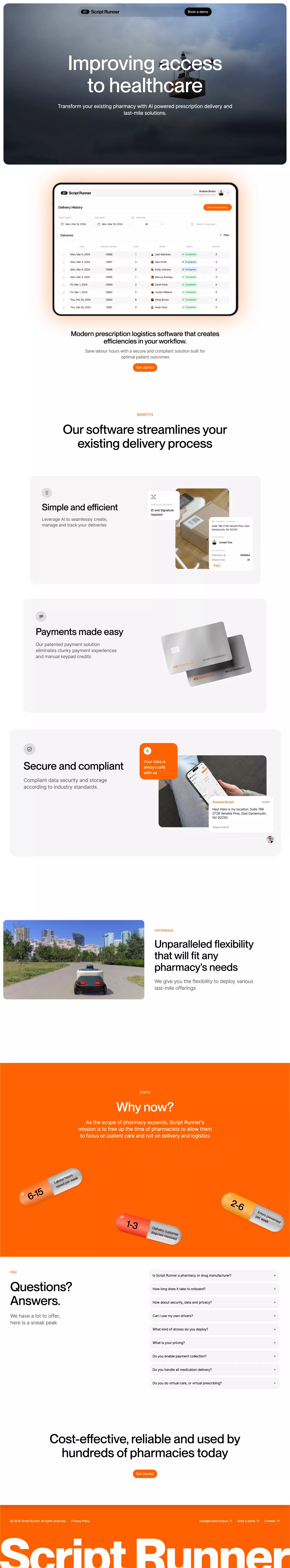 Script Runner landing page screenshot showcasing Medical and Tech design
