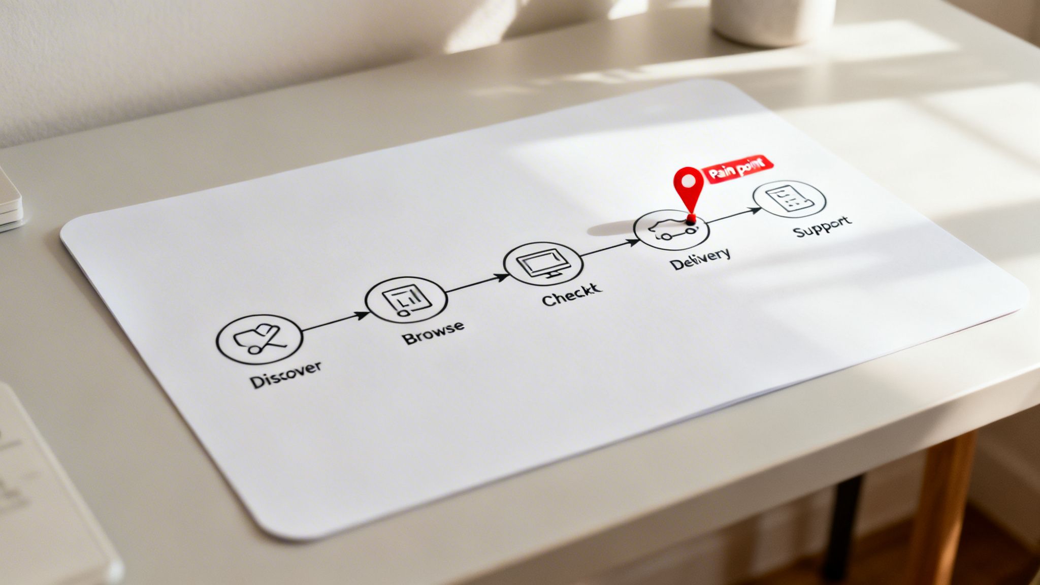 A customer journey map outlining steps from Discover to Support, highlighting a pain point at Delivery.