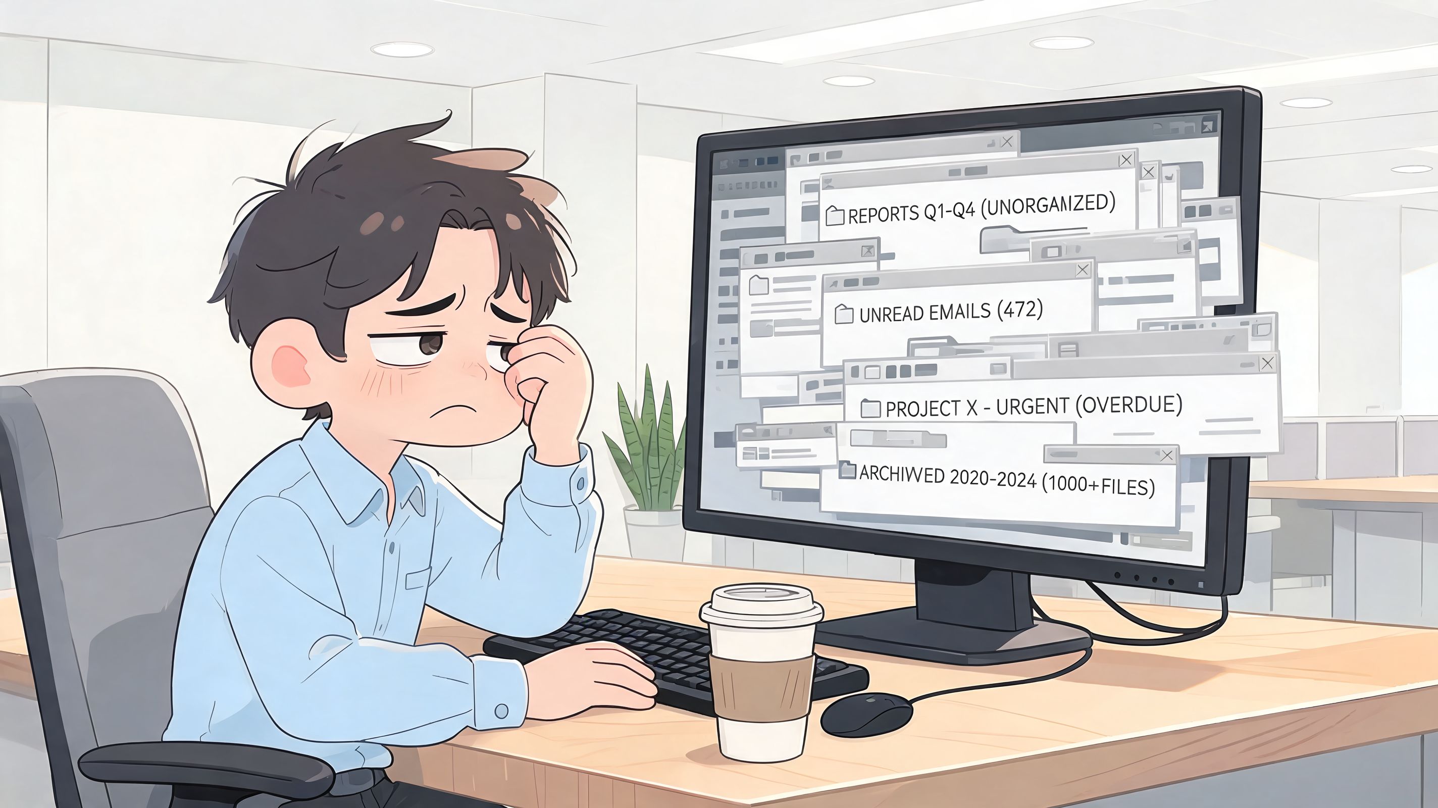 A tired office worker sitting at a desk overwhelmed by too many computer files and notifications.