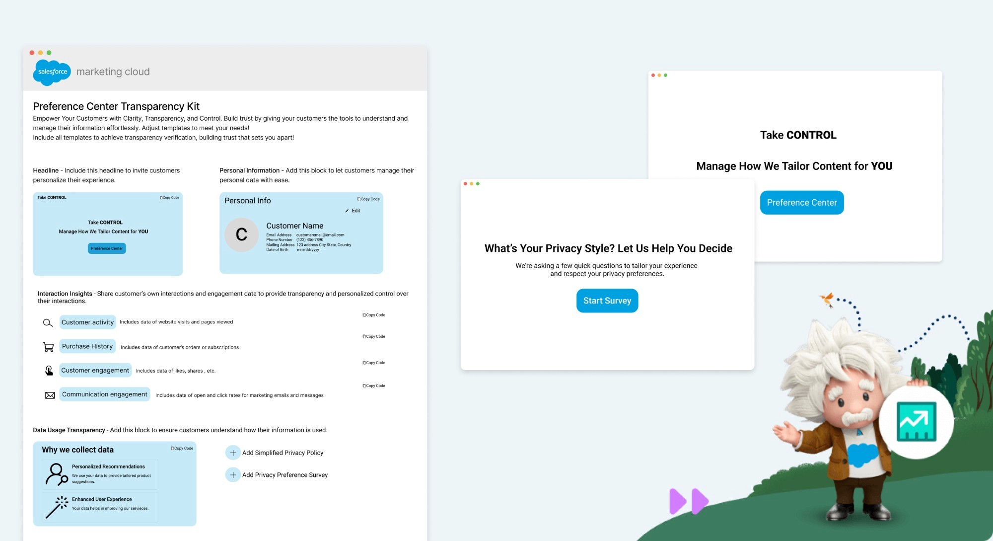Preference Center Transparency Kit screen in Salesforce Marketing Cloud, with the Take Control and privacy style survey screens