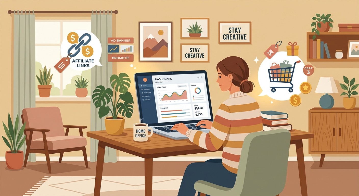 Illustration of a laptop surrounded by monetization method icons: ads, affiliate links, shopping cart