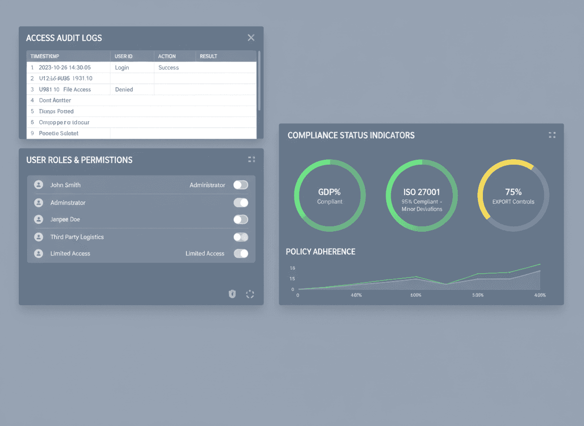 “Logistics security and compliance dashboard with access audit logs, role-based permissions, and regulatory status indicators.”