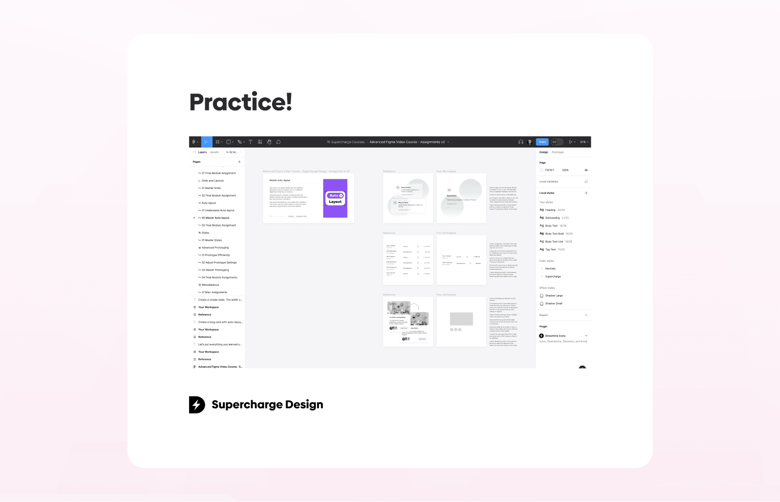 Graphic titled “Practice!” featuring a screenshot of a Figma workspace with design exercises and interface panels, emphasizing hands-on learning and skill development, with Supercharge Design branding at the bottom.