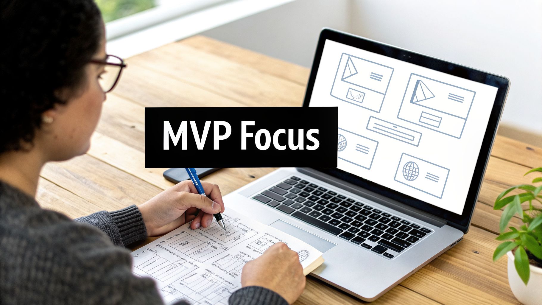 A person sketching app designs on a notebook, working on a laptop with 