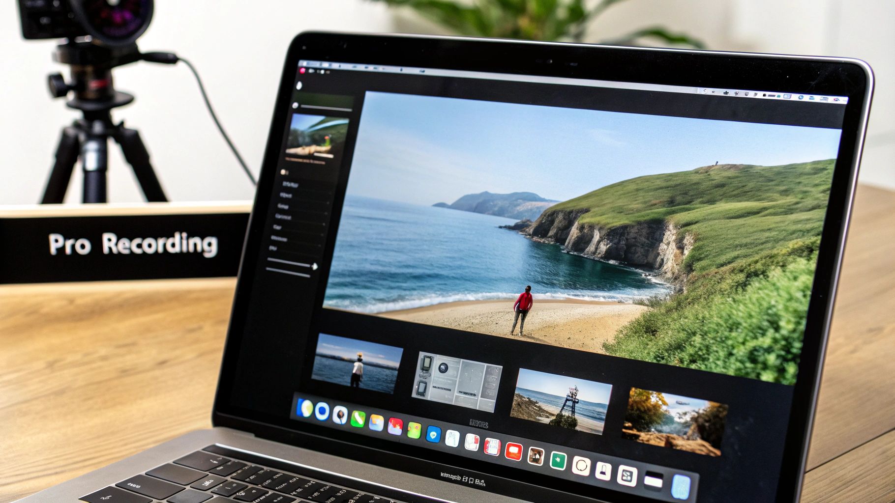A laptop displays photo editing software with a scenic beach image, near a 'Pro Recording' sign and camera.