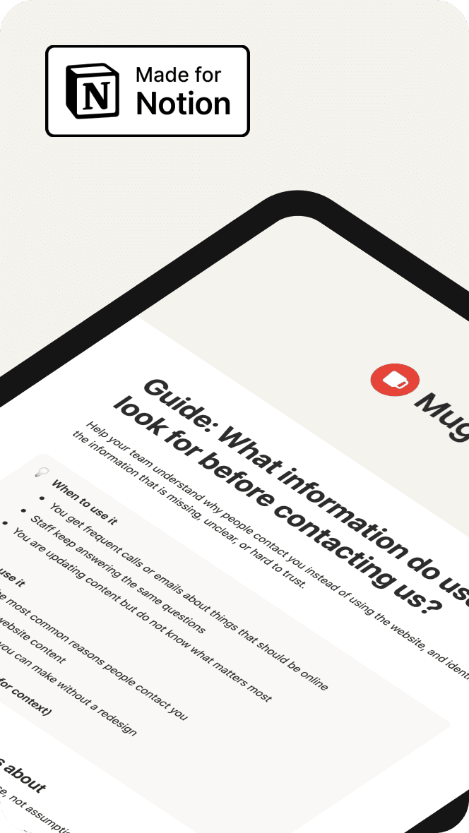 Notion template for identifying information users need before contacting a website.