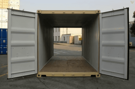 Front view of new 20' container showing dual end doors open