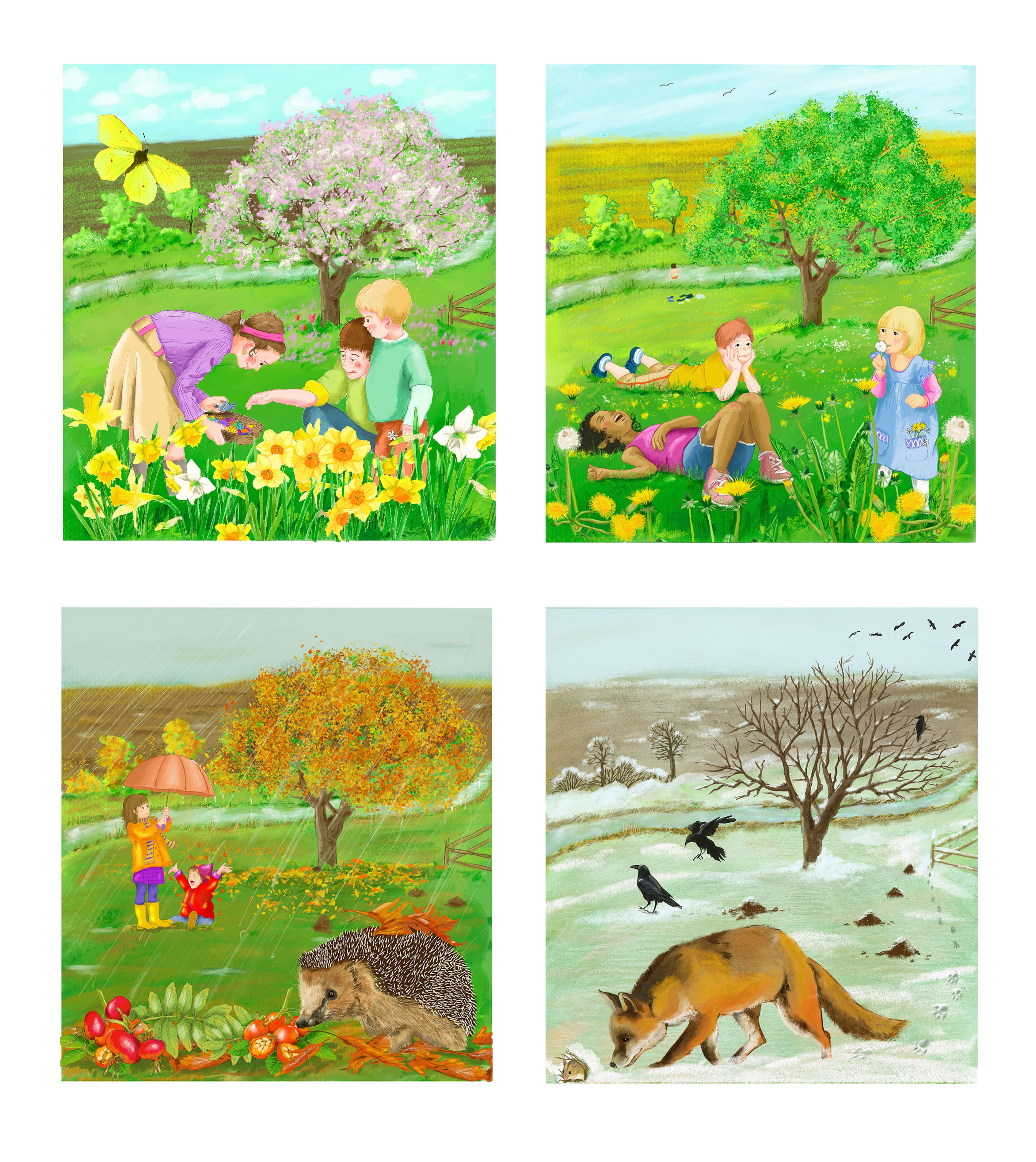 Vier Bilder wo ein Baum auf einer Wiese in jeder Jahreszeit gezeigt wird