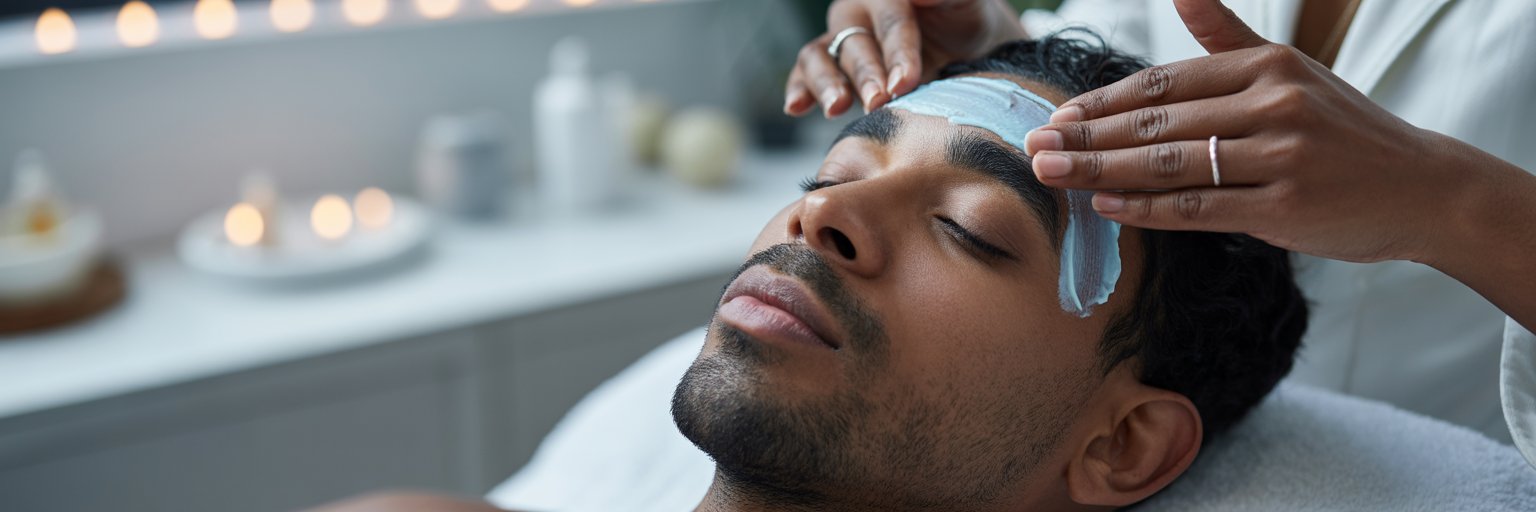 Mann bei einer entspannenden Gesichtsbehandlung im Spa zur Vorbereitung auf eine professionelle Hautanalyse