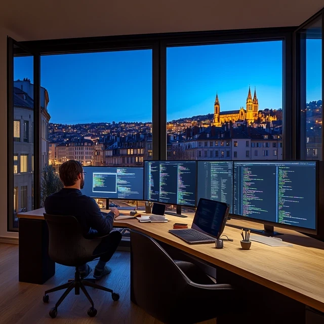 bureau moderne avec plusieurs écrans d'ordinateur à lyon