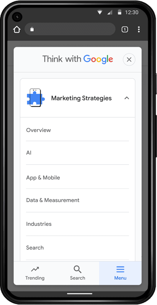 Mobile screen display of the Think with Google home page