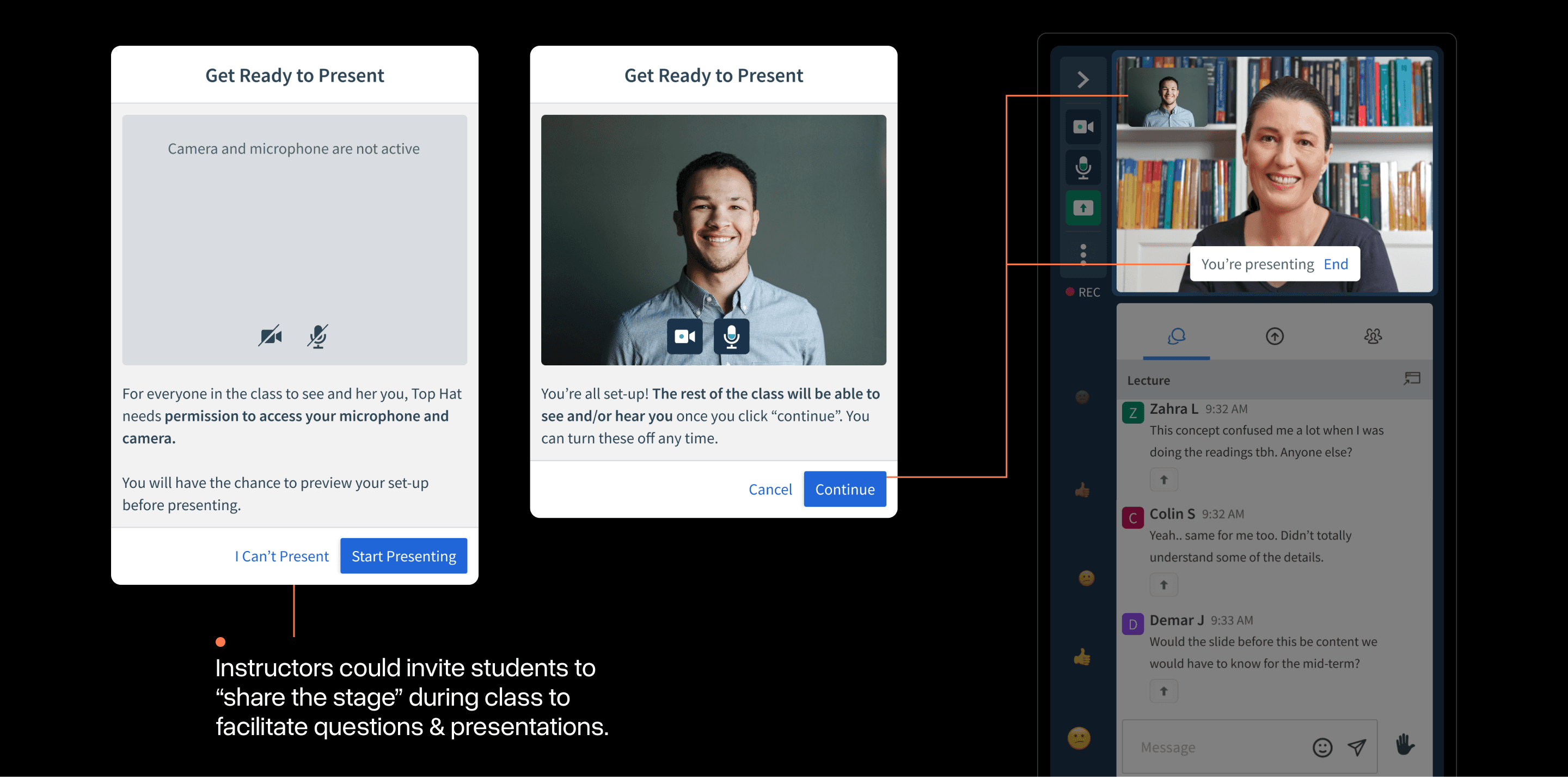 A modal prompting a student to set-up their camera/microphone to present in class. On the right, the instructor and student around shown together in Virtual Classroom.
