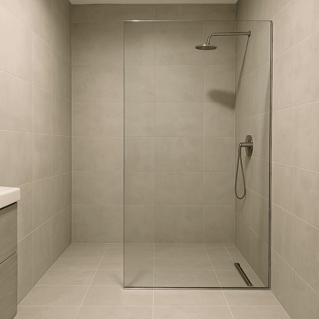 A sleek curbless shower with a single pane of frameless glass and a continuous floor tile pattern from the main bathroom area into the shower floor.