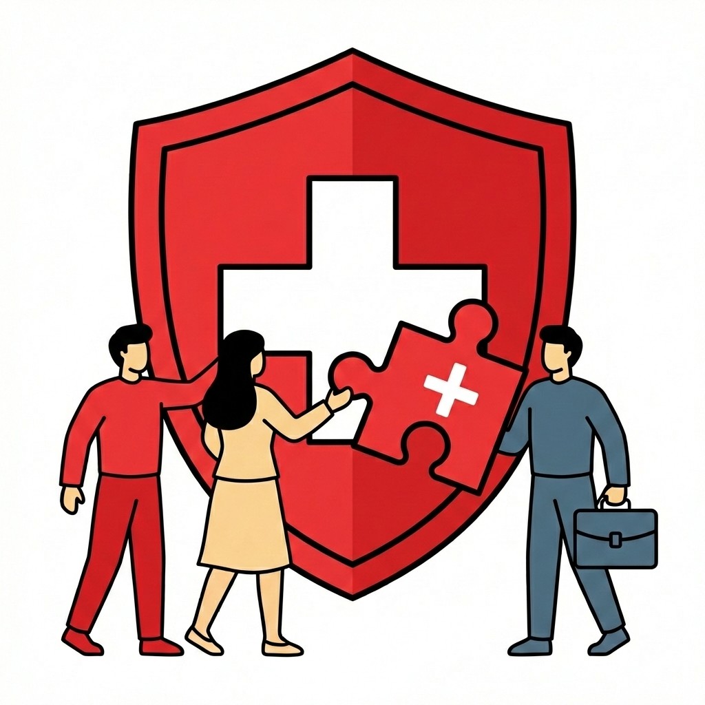 Drei Personen vervollständigen ein rotes Schutzschild mit weißem Kreuz durch ein passendes Puzzleteil.