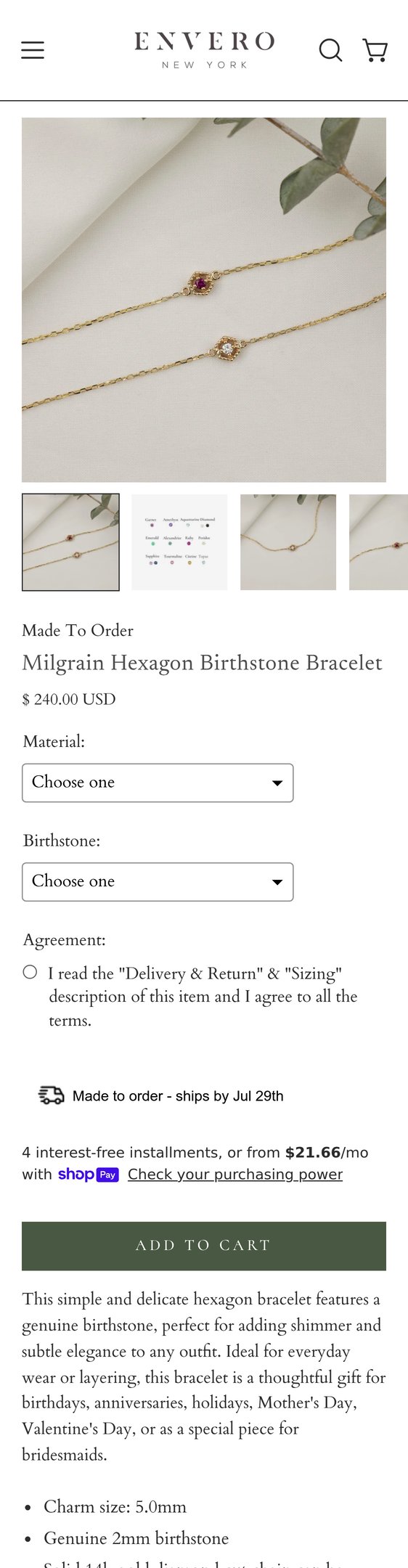Jewelry product options include: bracelet, birthstone for Milgrain Hexagon Birthstone Bracelet from Envero.