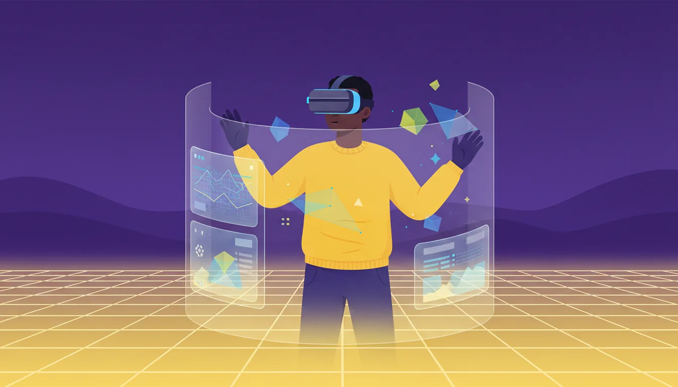 Modern vector illustration of a Black man wearing a yellow sweater and a VR headset, interacting with a futuristic photogrammetry software interface. He stands on a glowing yellow perspective grid floor. A semi-transparent, curved holographic screen with glassmorphism effects and abstract UI elements wraps around him. His hands are raised as if manipulating the data. The background is a deep, rich purple with subtle textured hills. The overall aesthetic is a clean, flat design with a subtle grainy texture and a vibrant color palette of purple and yellow.