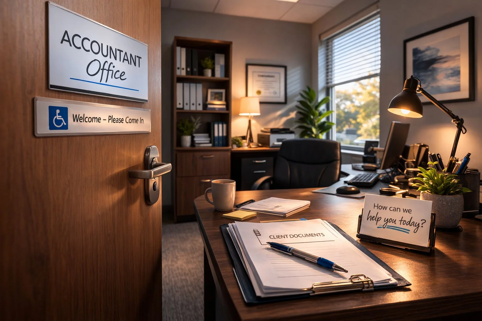 Open door to an accountant’s office with paperwork prepared and organized, ready for a client.