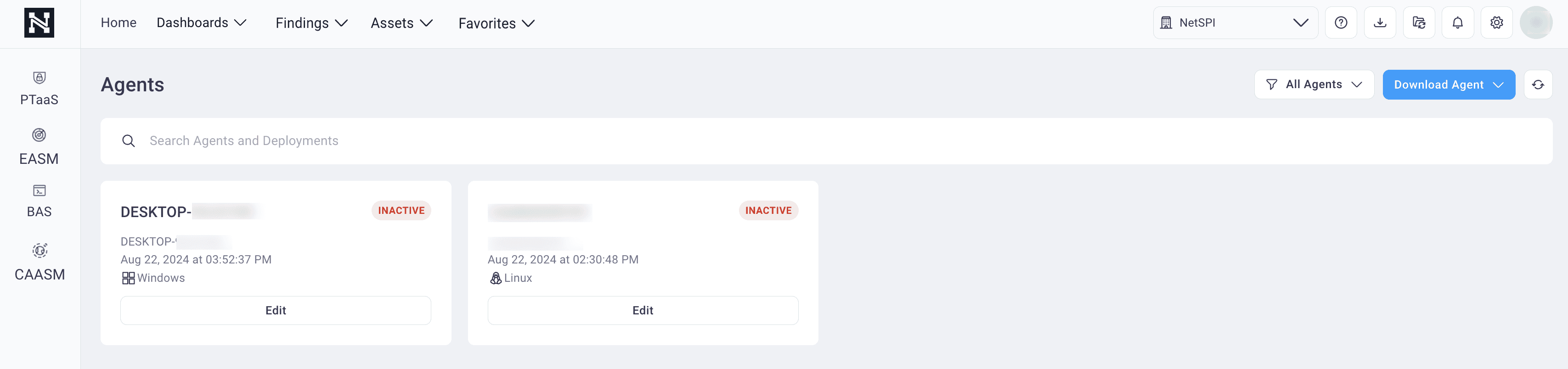 NetSPI BAS Agents page showing Windows and Linux agent records, status, and deployment controls