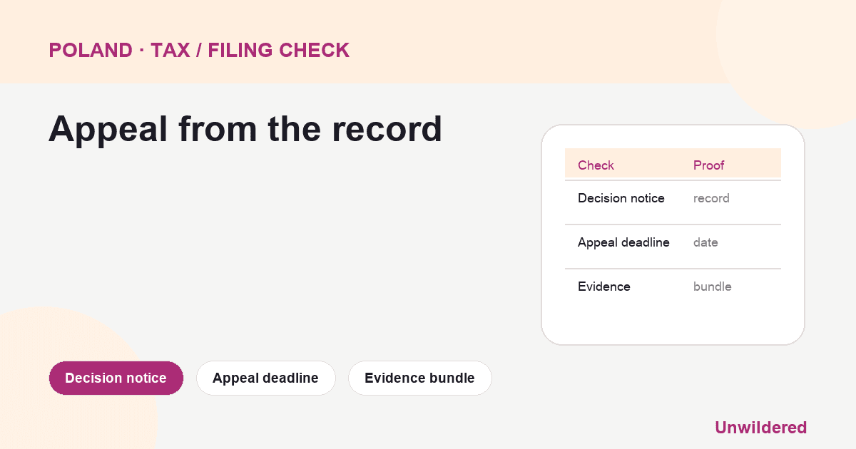 Process diagram for Poland Estimated Tax Assessment Appeal: Decision notice, Appeal deadline, Evidence bundle.