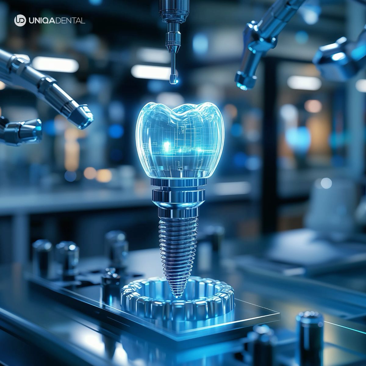 Ilustração técnica de implante dentário com planejamento e fabricação assistidos por tecnologia digital