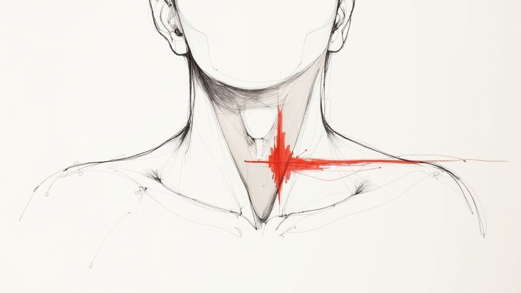 Ilustración anatómica del cuello y hombros mostrando zona de dolor o tensión muscular en rojo