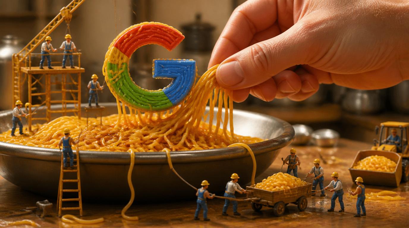 Tiny miniature workers harvesting giant G (Google Ads) noodles