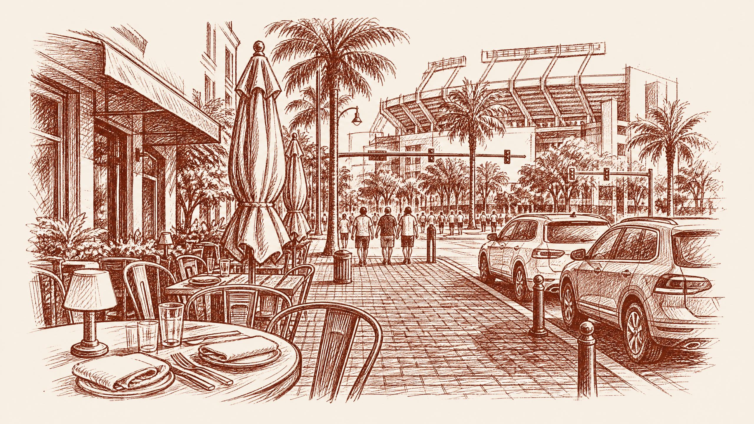 A game-day street and patio scene near the stadium, with a brick sidewalk, restaurants near raymond james stadium