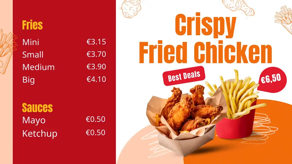 Digital menu board for fast-food restaurants showcasing crispy fried chicken meals and pricing.
