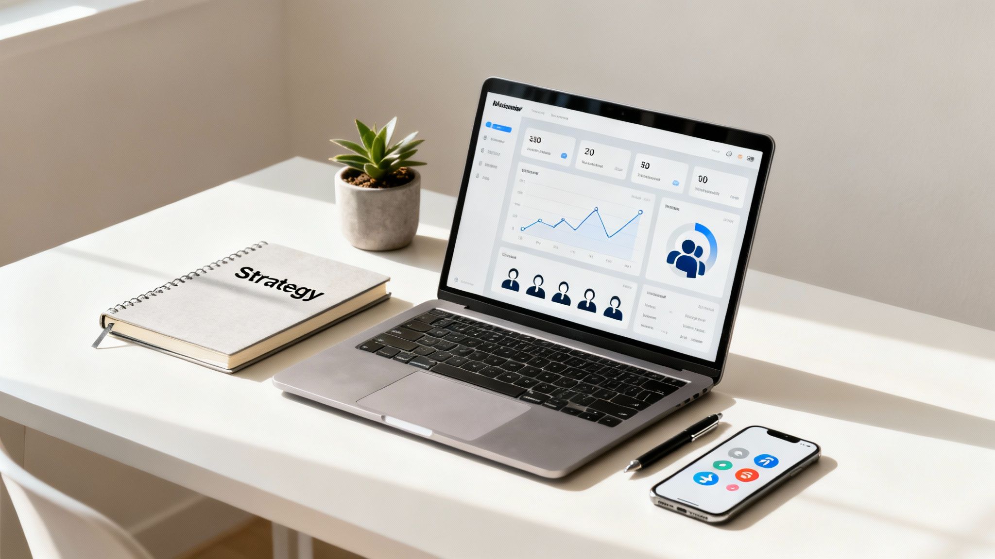 Marketing strategy workspace with laptop displaying analytics dashboard, notebook, smartphone and plant on white desk
