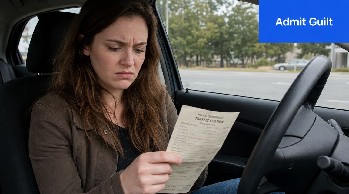 A concerned woman sitting inside her car holding a traffic citation document, appearing stressed and upset.