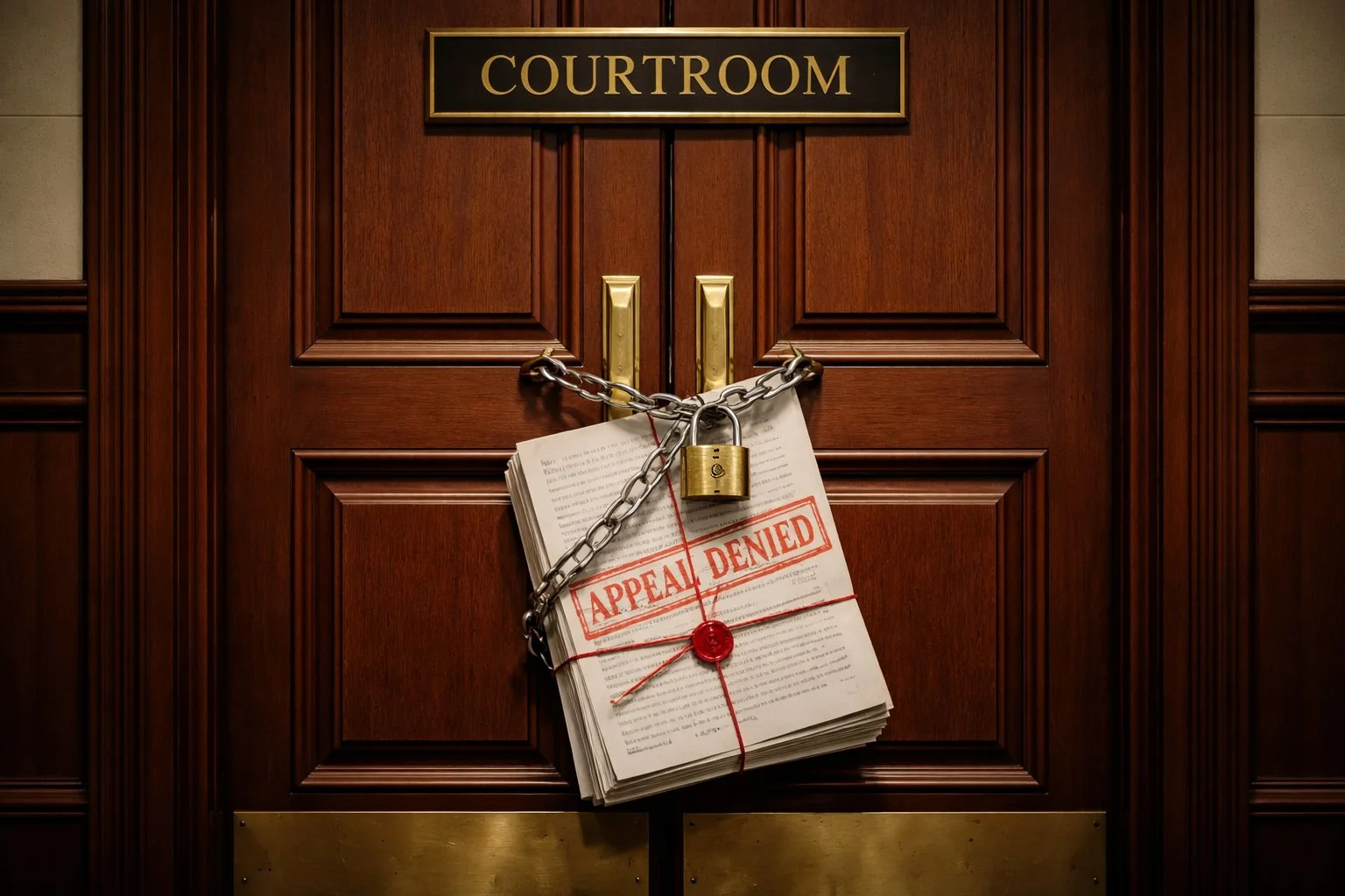 Courtroom-style door closing with official papers sealed behind it, symbolizing the loss of appeal rights.