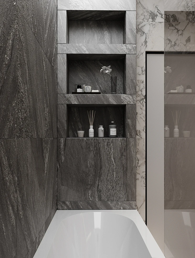 Bord de niche : profil fin en noyer, arête adoucie, joint discret, continuité bois/minéral, Luxembourg.