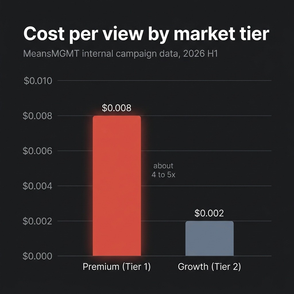 Bar chart: cost per view by market tier, premium versus growth