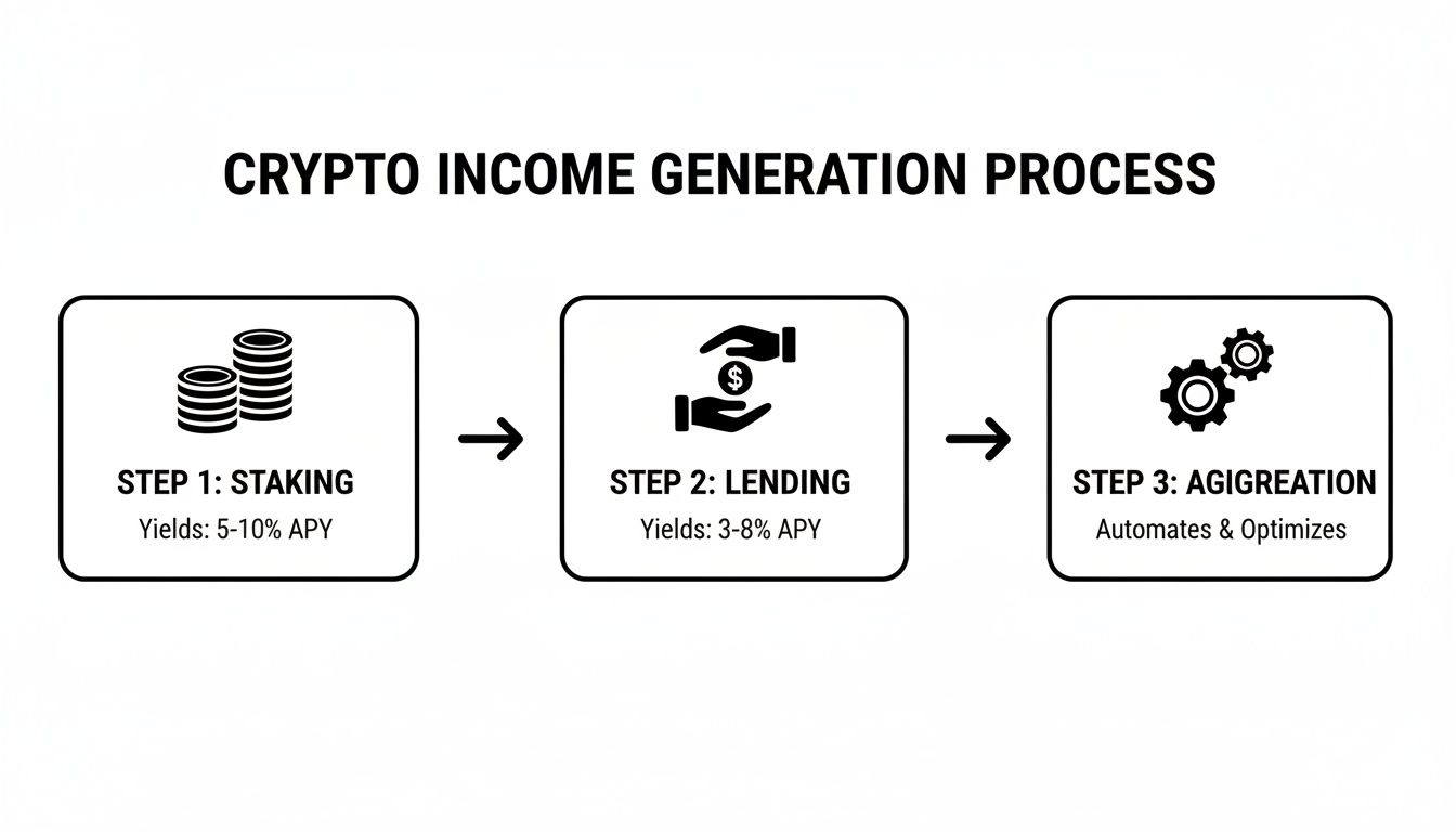 Flowchart showing crypto income generation via staking, lending, and automated aggregation.