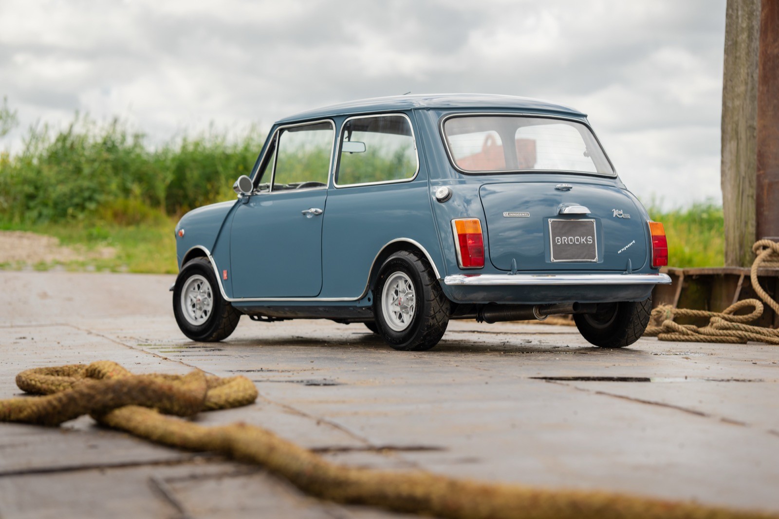 A vintage blue car parked beside a long, coiled snake on a textured surface with greenery in the background.