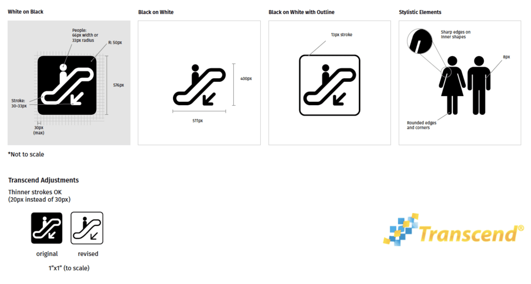 A Transcend branded style guide that shows the pixel width and height, (400px), the stroke size and other specifications to be used for the legal icons