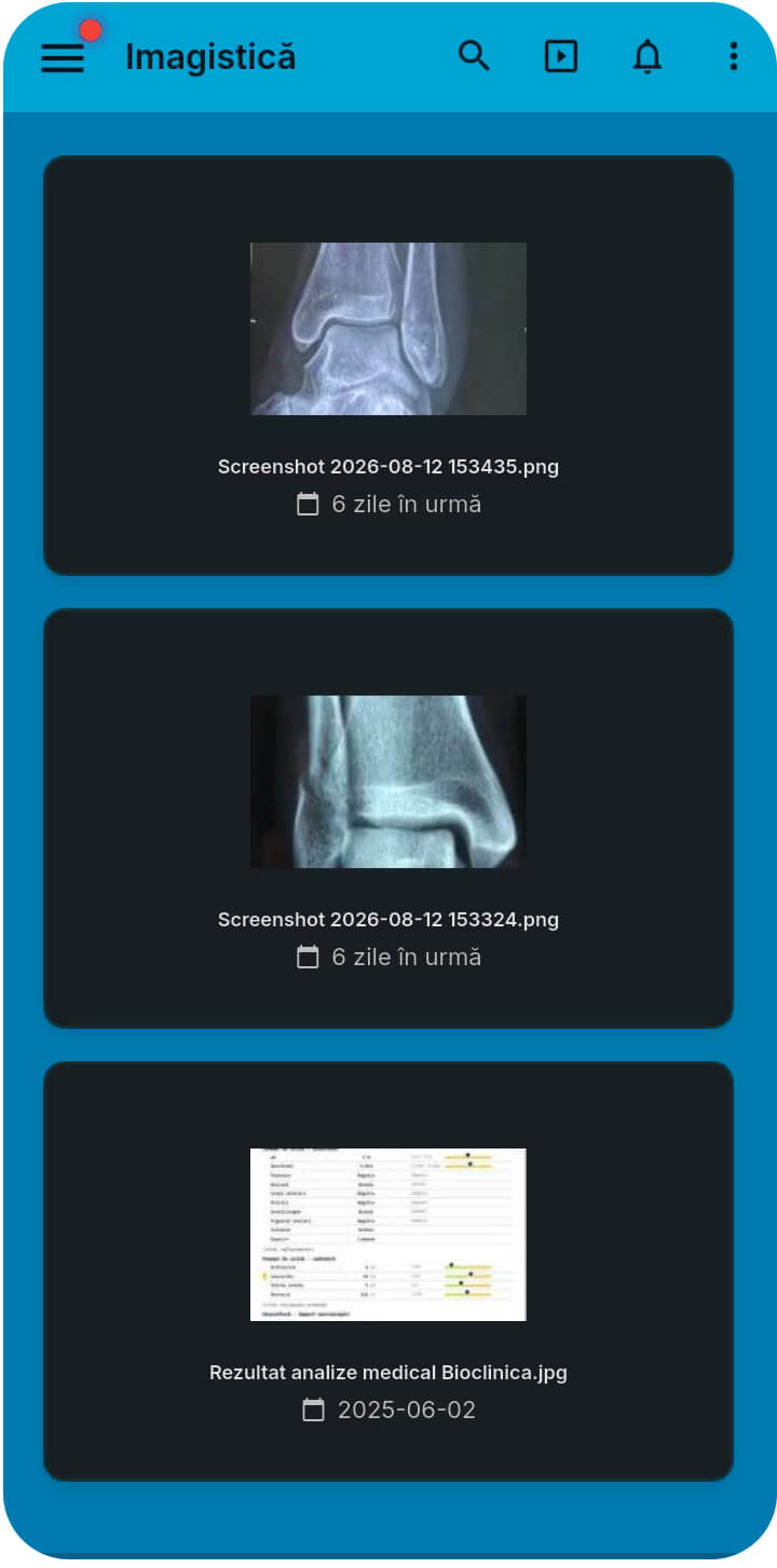 Captură de ecran din aplicația MyMed cu imagini radiologice și rezultate de analize medicale, accesibile direct din telefonul pacientului.