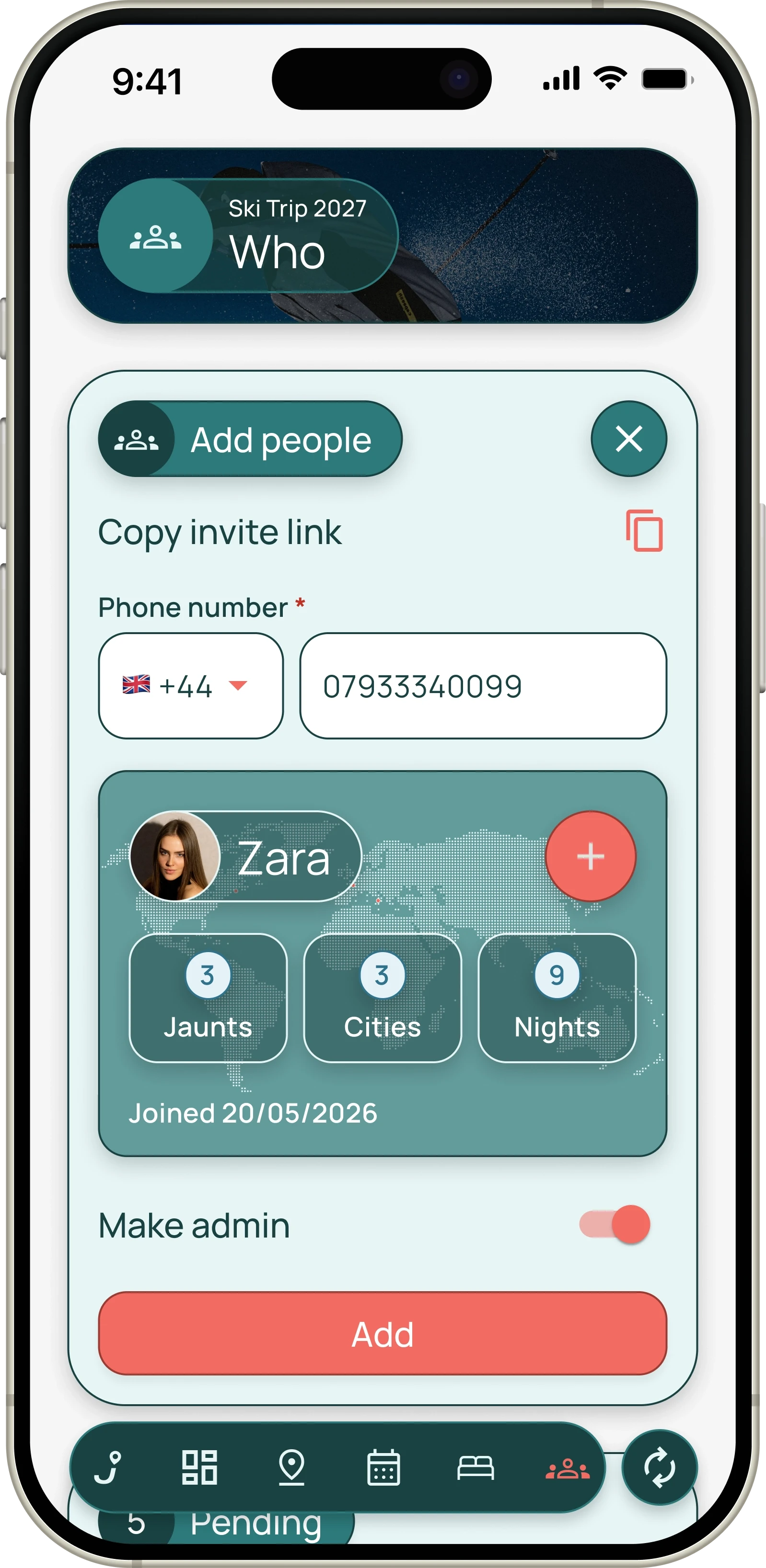 Jaunt screen for inviting friends to a trip by phone number or invite link