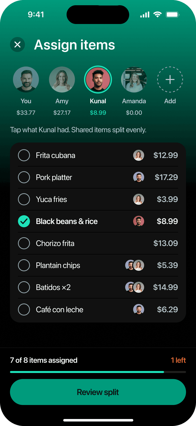 Assign items, Kunal selected, 11 taps in