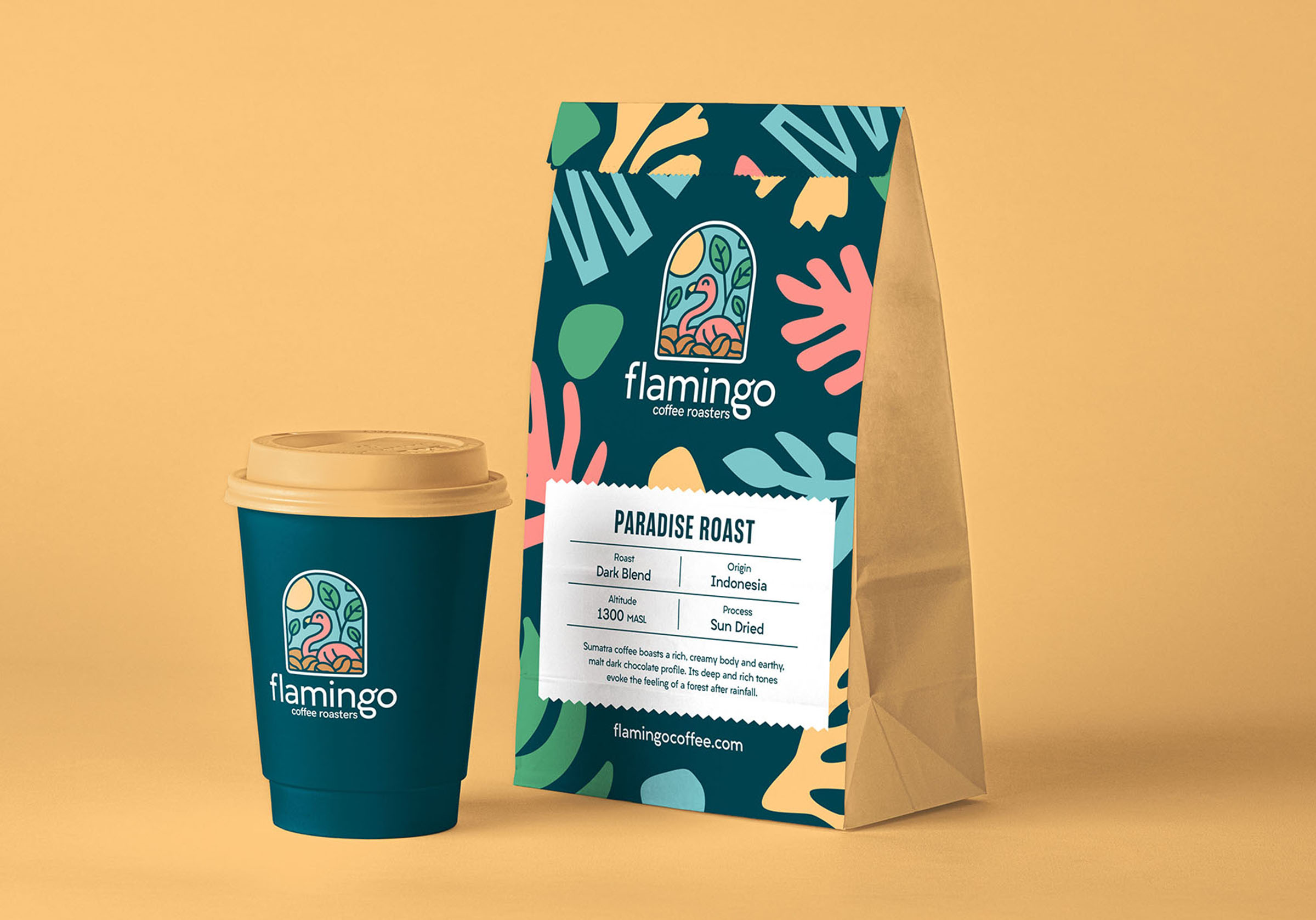 A teal coffee cup with a beige lid features a colorful flamingo logo, accompanied by a matching hemp coffee bag labeled "Flamingo Coffee Roasters" with vibrant tropical designs and details about the "Paradise Roast" blend. Designed by graphic design studio in Wakefield, Yorkshire