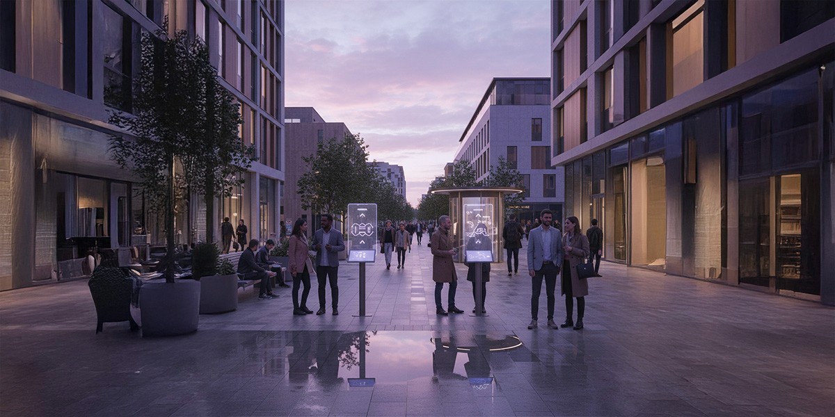 An ultra-realistic urban scene bathed in soft purple tones during early evening light. The image captures a calm, human-centered city environment with people walking, interacting naturally, and utilizing public spaces. Subtle digital elements like wayfinding signs, gentle screen reflections, and small interactive kiosks are seamlessly integrated without appearing futuristic or sci-fi. The atmosphere evokes a warm, relatable, and lived-in feel, emphasizing human scale and everyday movement. Detailed textures, natural lighting, soft shadows, and realistic architecture are prominent, all within a muted purple color palette visible in the sky, reflections, and ambient tones. This high-resolution, minimal, and modern depiction is grounded in reality—neither cyberpunk nor overly technological. It showcases a visual balance between authentic city life and discreet digital interaction, rendered in 8K photorealism.