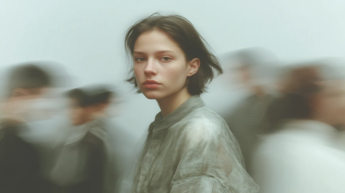 Young woman with short hair standing still in a busy blurred crowd