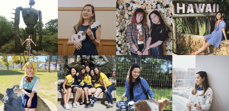 a collage of photos of Edith and friends ranging from her playing the ukulele to her petting a goat.