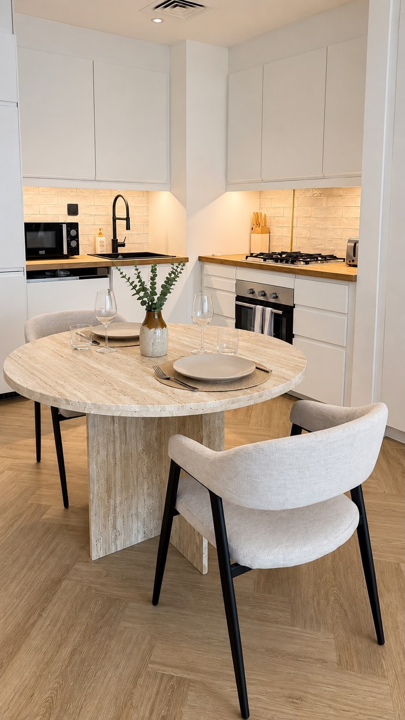 Kitchen with round travertine dining table