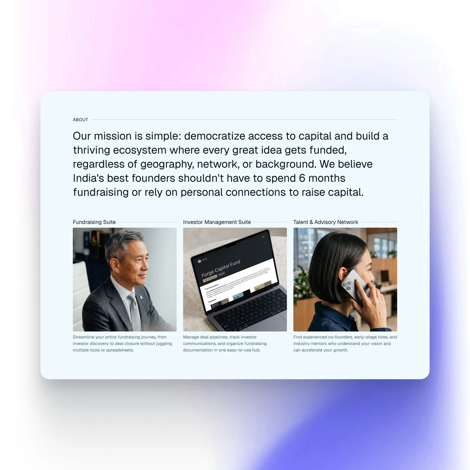 Three panels: man in suit, laptop, woman on phone.