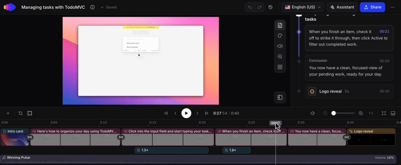 The 0:40 how-to video Clevera generated from the AI recording, open in the timeline editor with the AI-written script next to real TodoMVC frames