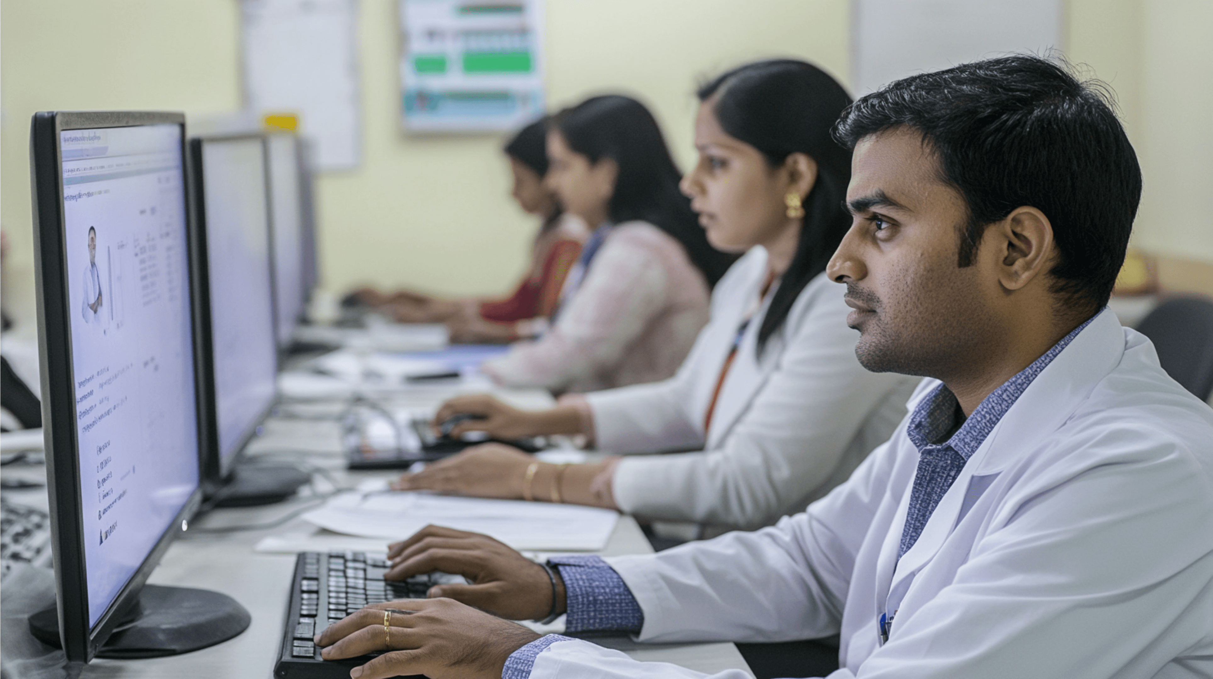 Team of Indian pharmacy professionals using software for workflow optimization